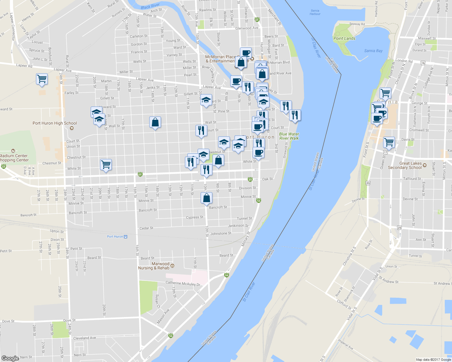 map of restaurants, bars, coffee shops, grocery stores, and more near 810 Oak Street in Port Huron