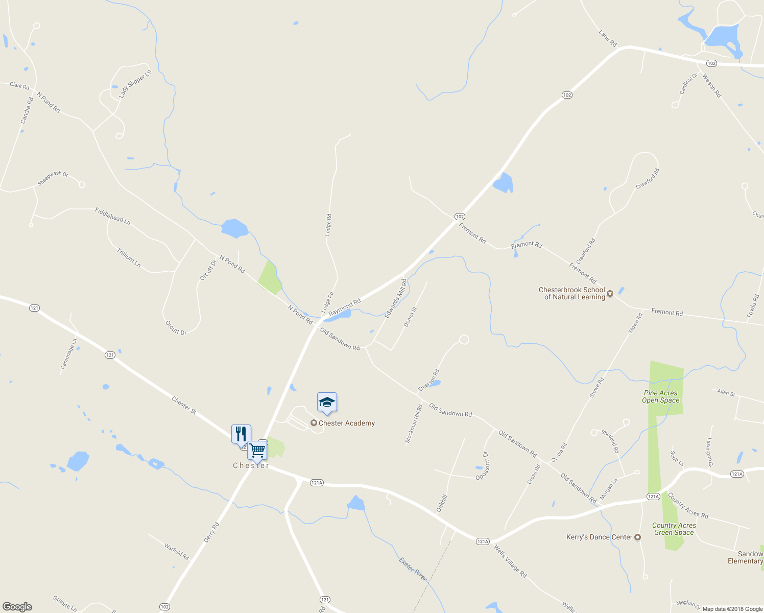 map of restaurants, bars, coffee shops, grocery stores, and more near 34 Edwards Mill Road in Chester