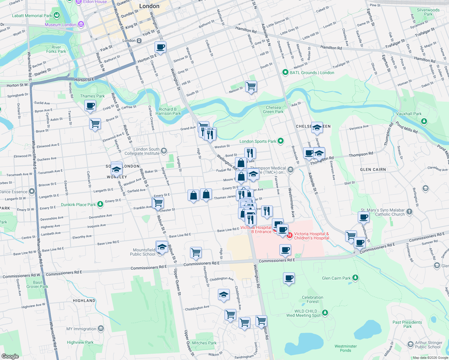 map of restaurants, bars, coffee shops, grocery stores, and more near 460 Moore Street in London