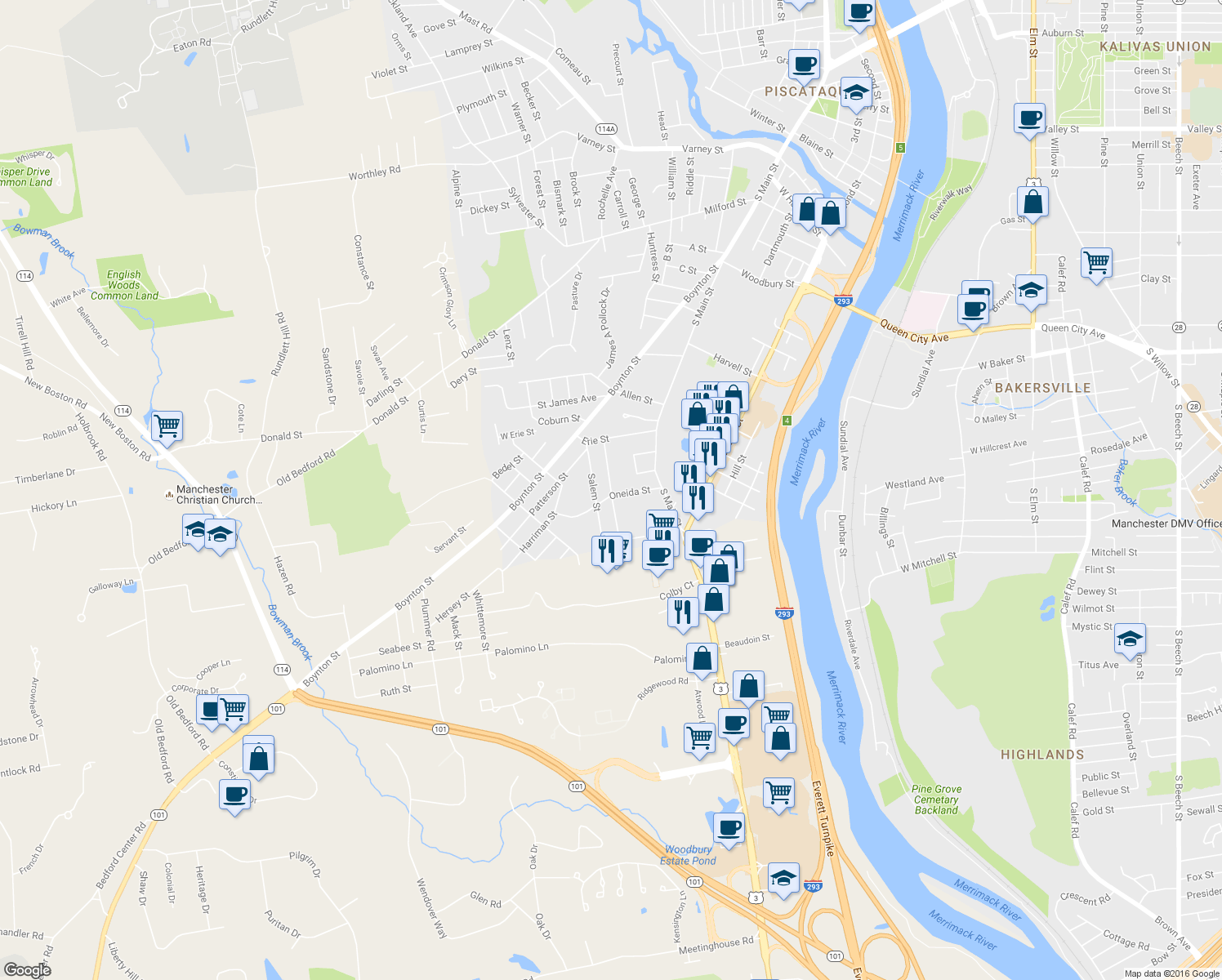 map of restaurants, bars, coffee shops, grocery stores, and more near 117 Gilford Street in Manchester