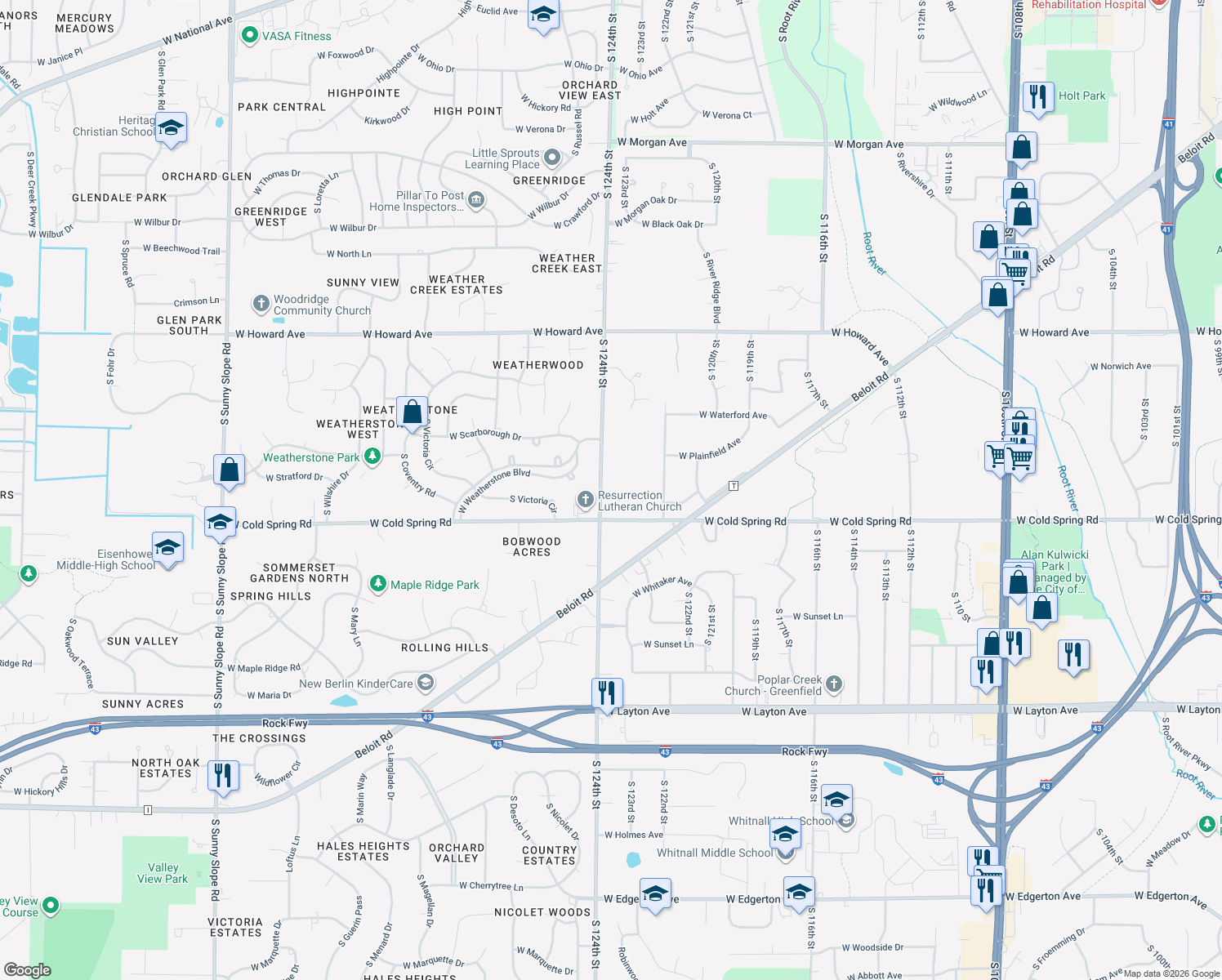 map of restaurants, bars, coffee shops, grocery stores, and more near 4234 South 124th Street in Greenfield