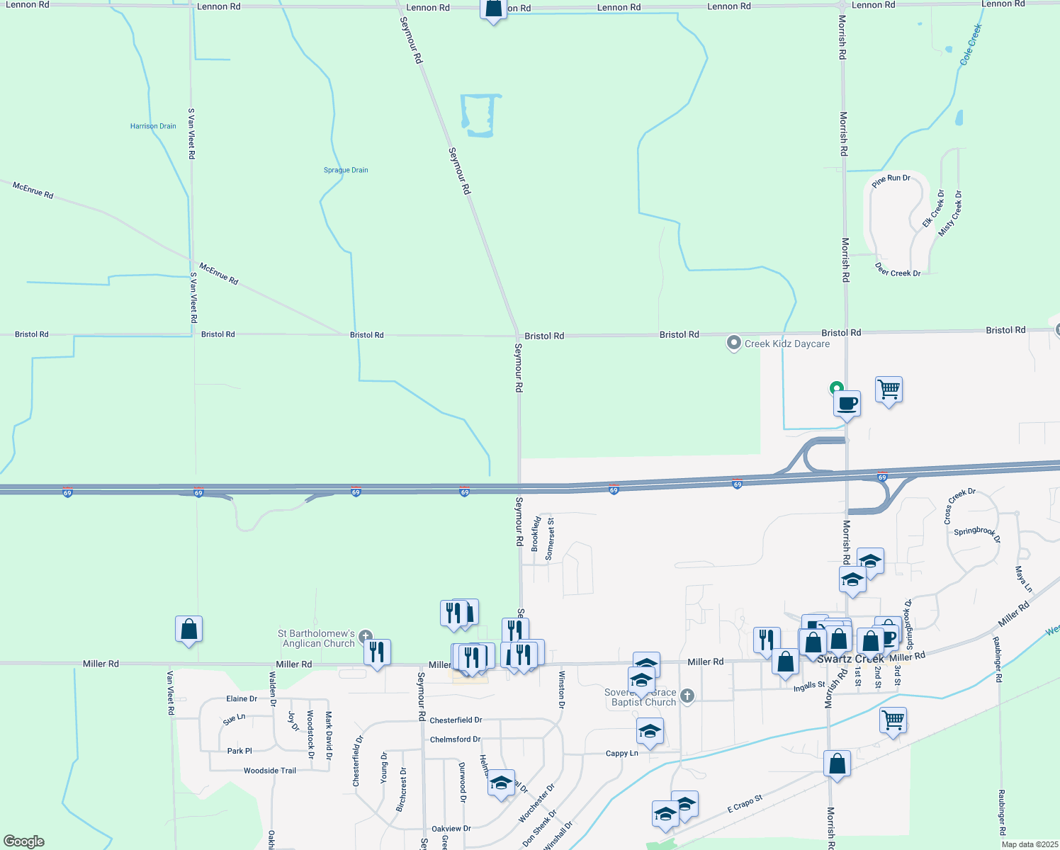 map of restaurants, bars, coffee shops, grocery stores, and more near 4141 Seymour Road in Swartz Creek