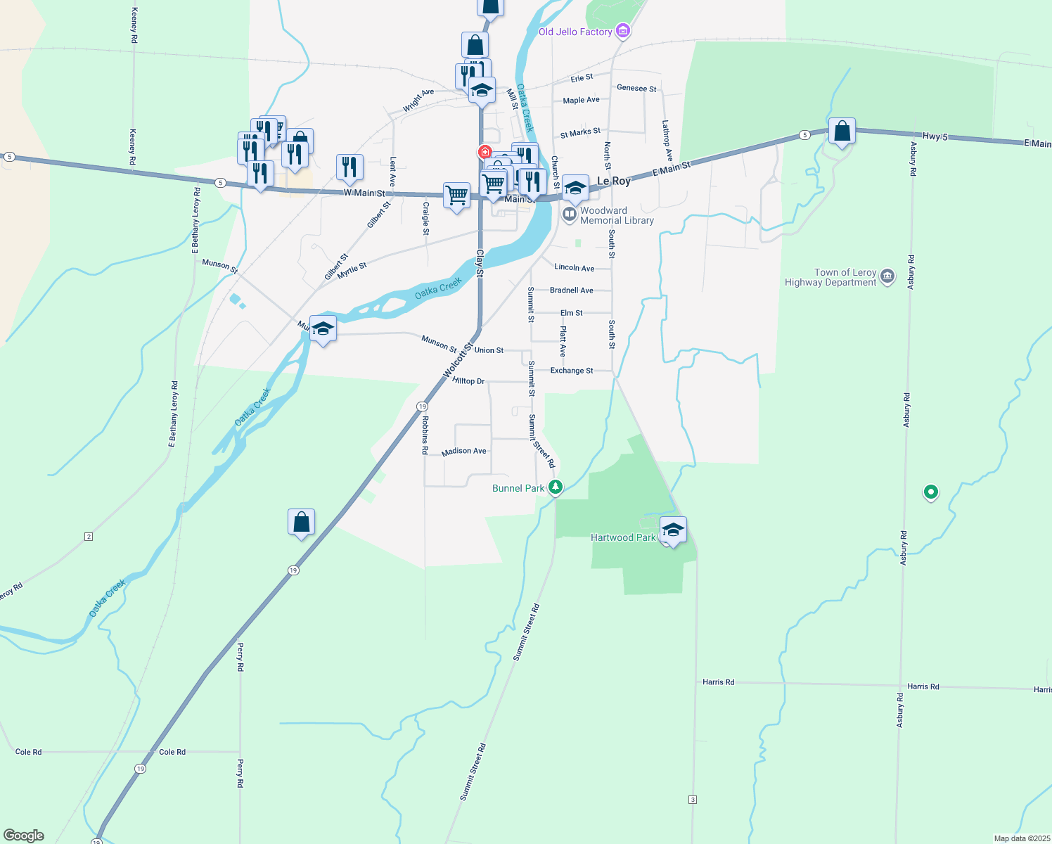 map of restaurants, bars, coffee shops, grocery stores, and more near 9204 Summit Street Rd in Le Roy