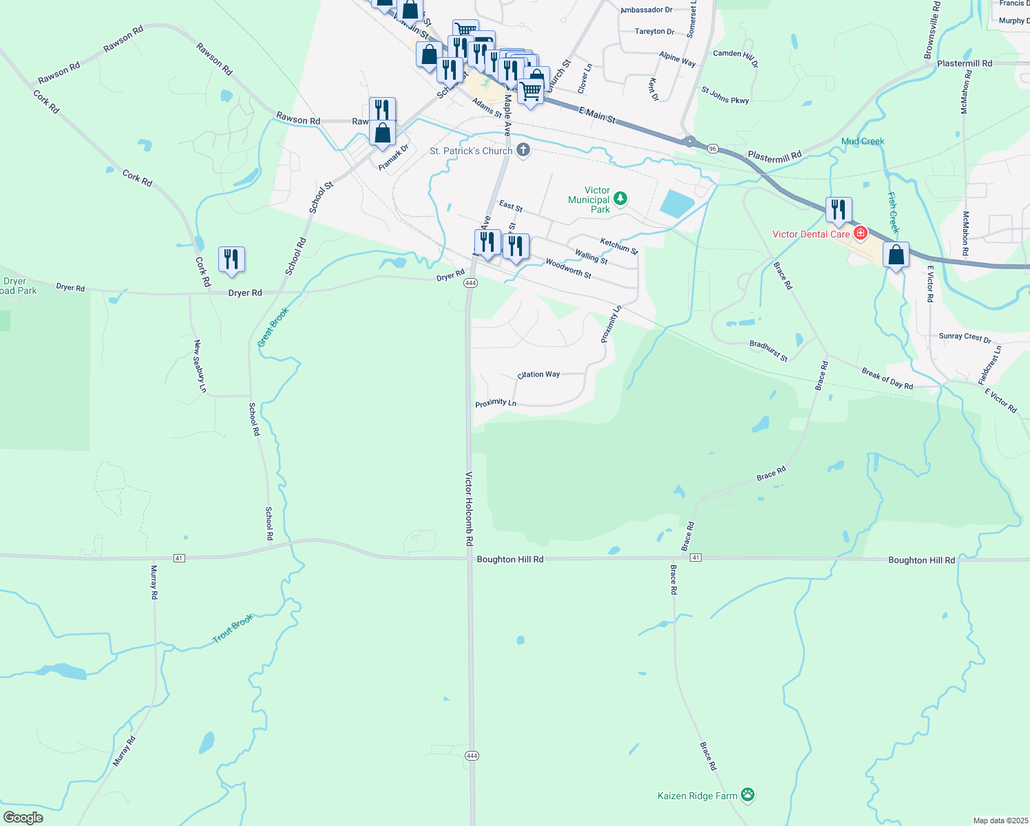 map of restaurants, bars, coffee shops, grocery stores, and more near 6943 Proximity Ln in Victor