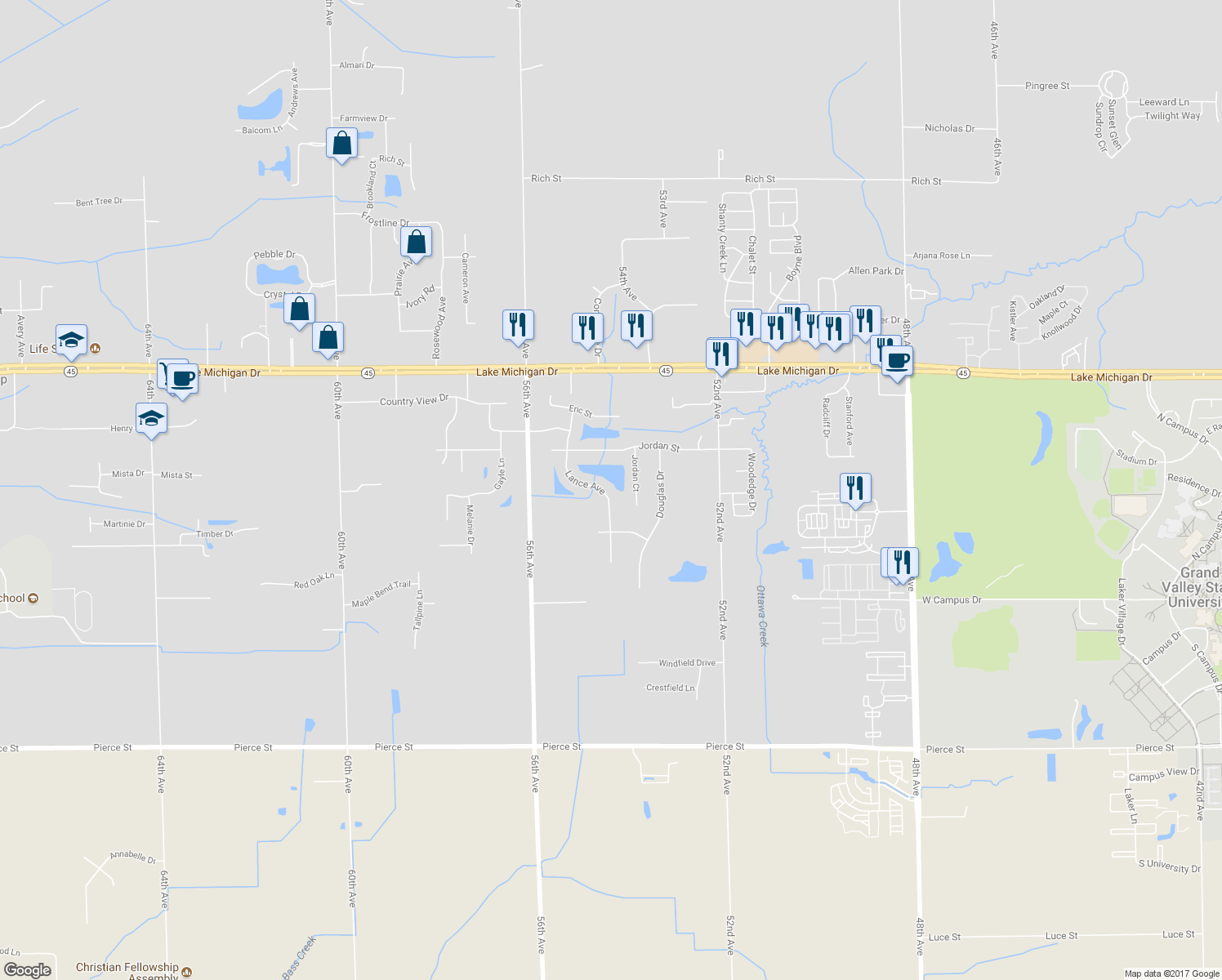 map of restaurants, bars, coffee shops, grocery stores, and more near 10934 Lance Avenue in Allendale Charter Township