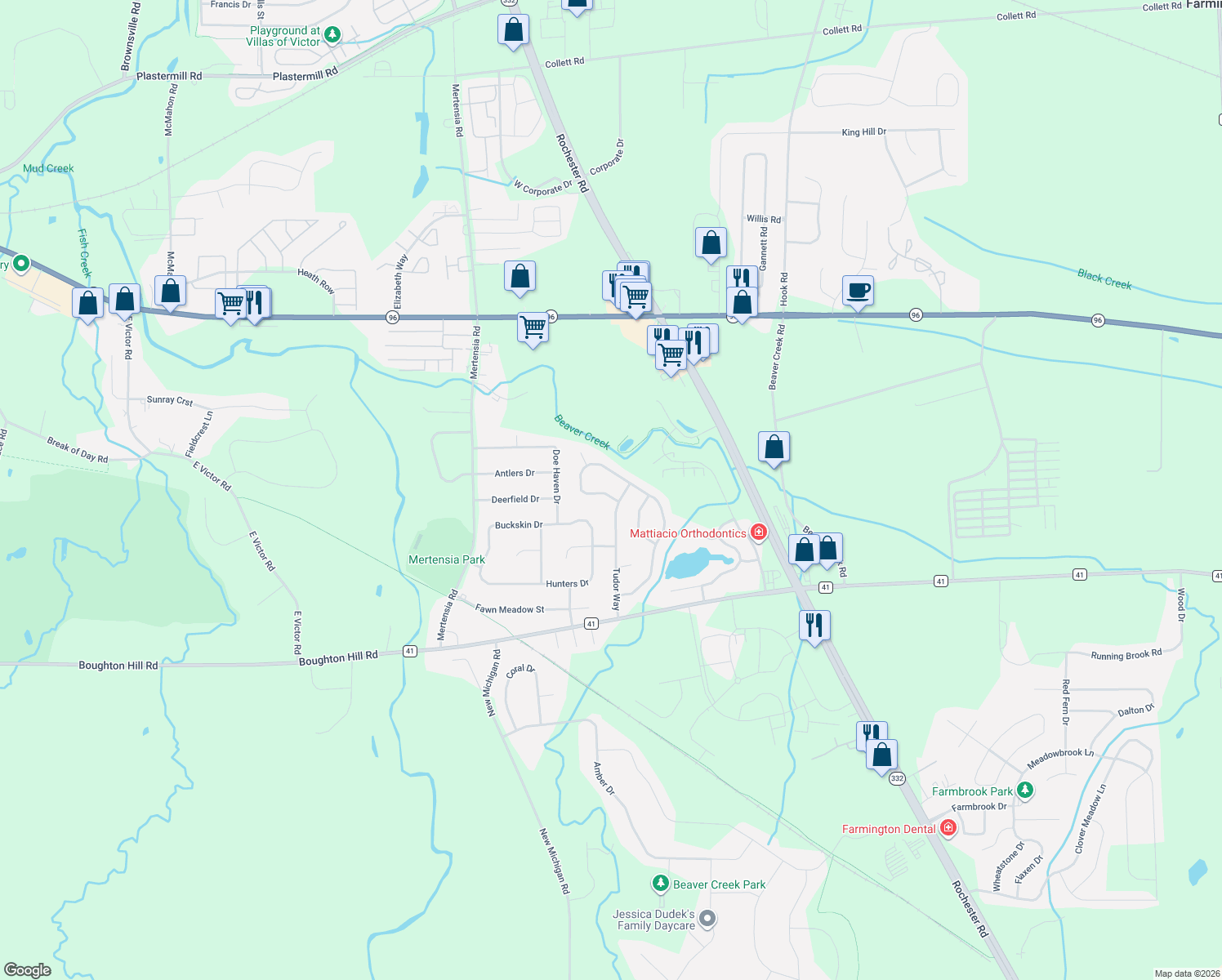 map of restaurants, bars, coffee shops, grocery stores, and more near 6100 Hanover Rd in Farmington