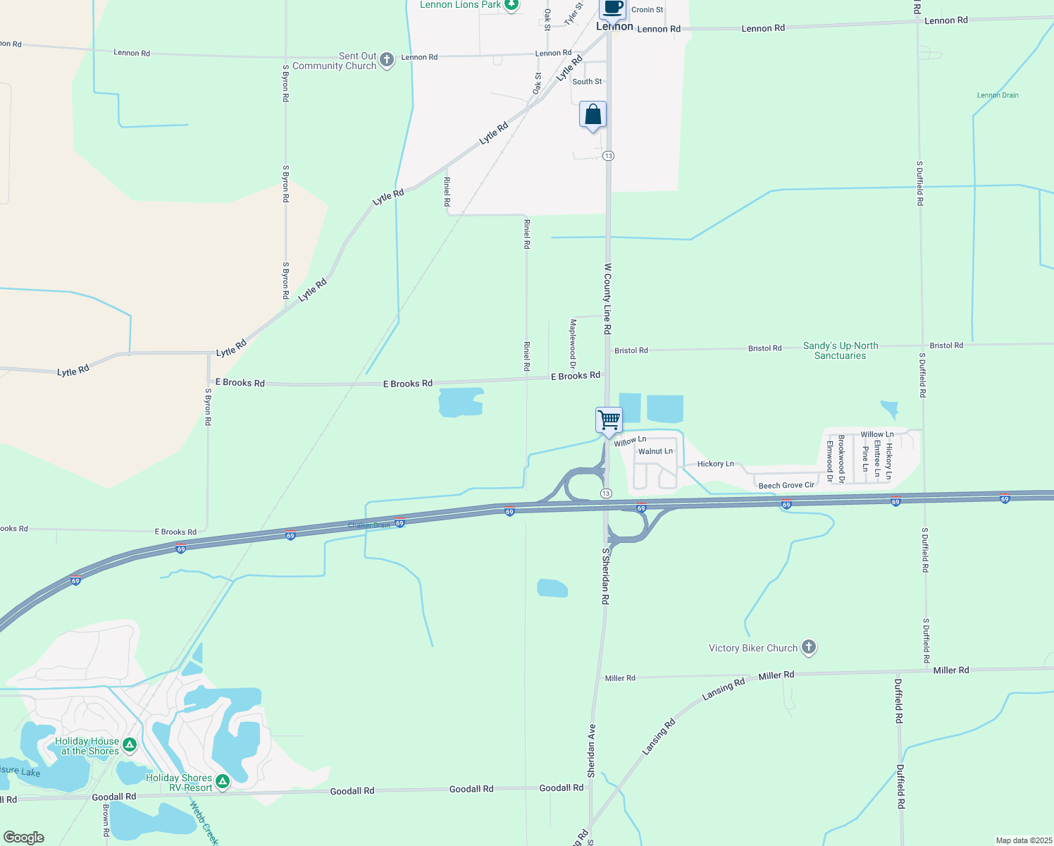 map of restaurants, bars, coffee shops, grocery stores, and more near 1977 Riniel Road in Lennon