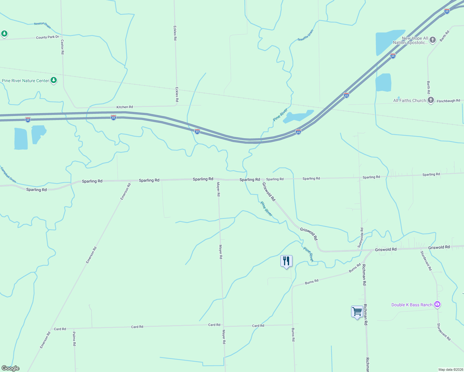 map of restaurants, bars, coffee shops, grocery stores, and more near 2246 Mayer Road in Smiths Creek