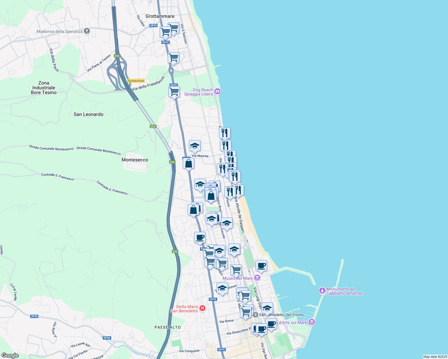 map of restaurants, bars, coffee shops, grocery stores, and more near 3 Via Montecristo in Grottammare