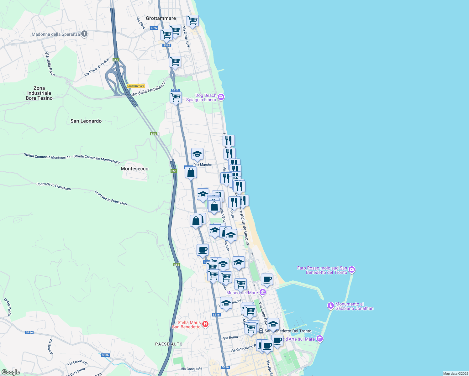 map of restaurants, bars, coffee shops, grocery stores, and more near 168 Lungomare Alcide de Gasperi in Grottammare