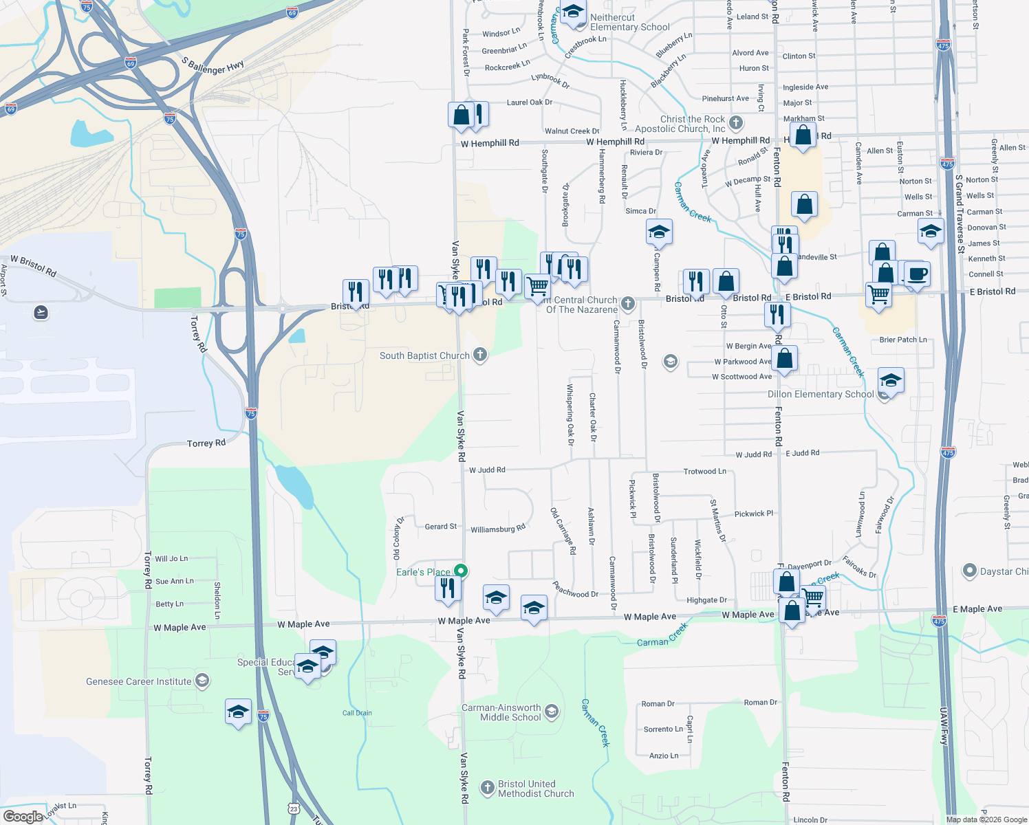 map of restaurants, bars, coffee shops, grocery stores, and more near 1446 Maria Street in Flint