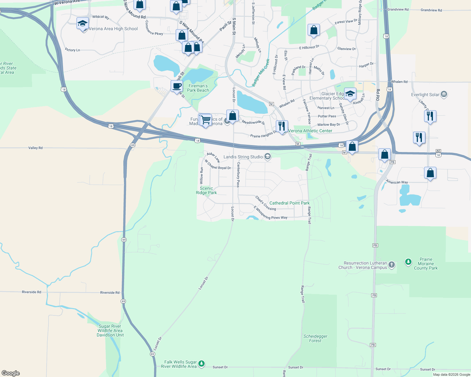 map of restaurants, bars, coffee shops, grocery stores, and more near 1208 Canterbury Pass in Verona