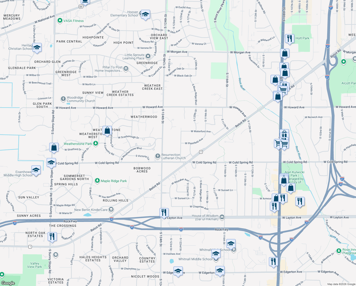 map of restaurants, bars, coffee shops, grocery stores, and more near 4171 South 122nd Street in Greenfield