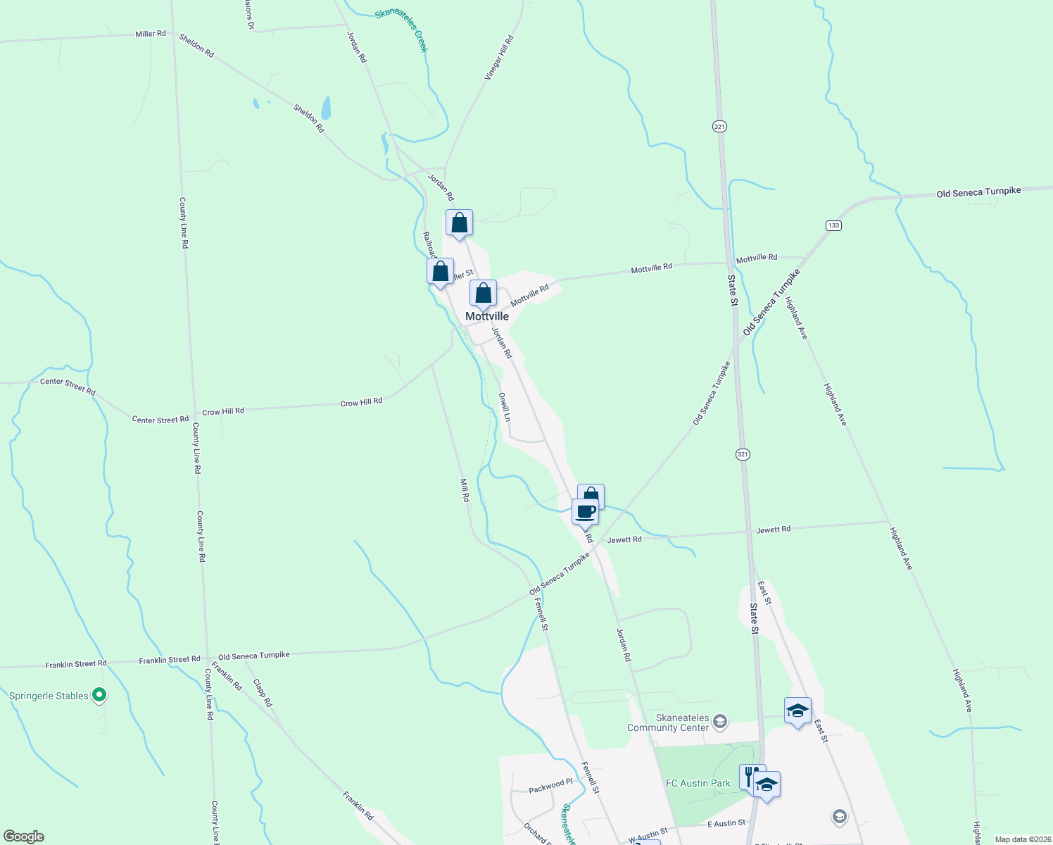 map of restaurants, bars, coffee shops, grocery stores, and more near 4085 Jordan Rd in Skaneateles