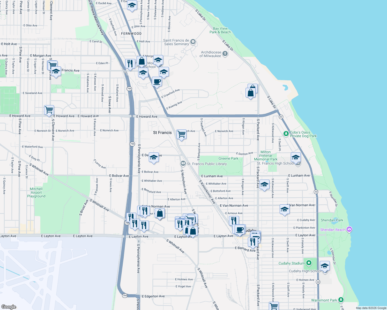 map of restaurants, bars, coffee shops, grocery stores, and more near 4155 South Barland Avenue in Saint Francis