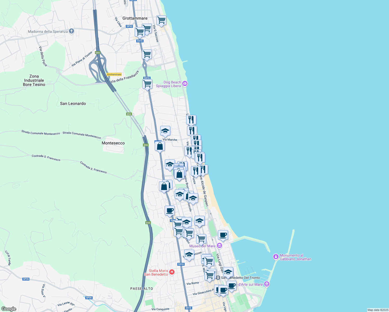 map of restaurants, bars, coffee shops, grocery stores, and more near 3 Via Montecristo in Grottammare