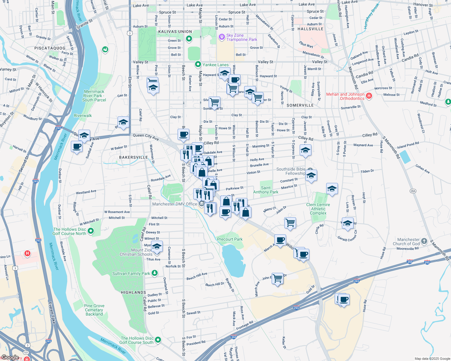map of restaurants, bars, coffee shops, grocery stores, and more near 28 Boisvert Street in Manchester