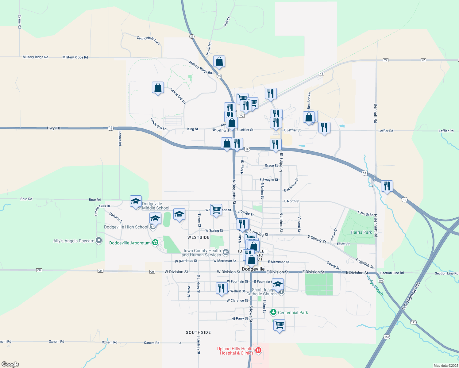 map of restaurants, bars, coffee shops, grocery stores, and more near 1002 North Bequette Street in Dodgeville