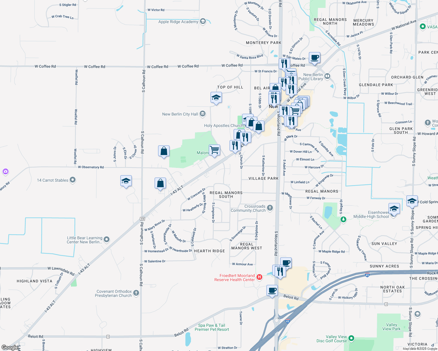 map of restaurants, bars, coffee shops, grocery stores, and more near 4149 South Regal Manor Court in New Berlin