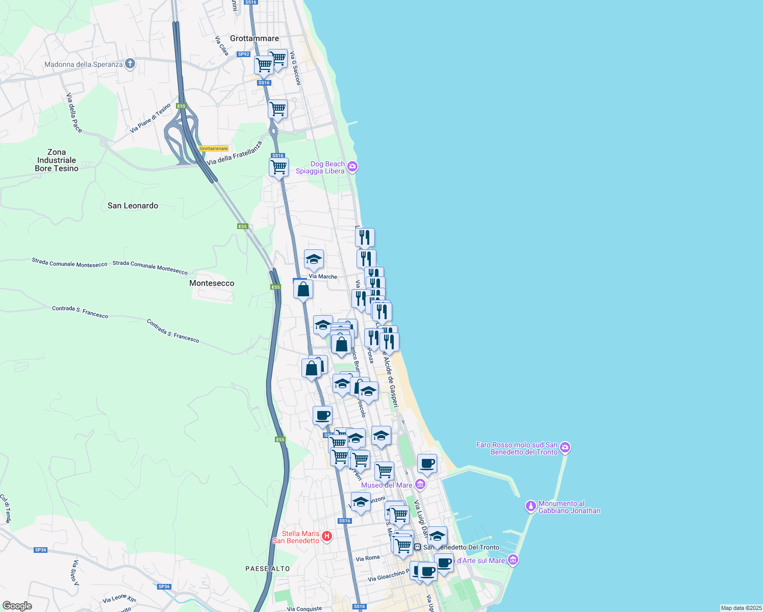 map of restaurants, bars, coffee shops, grocery stores, and more near 168 Lungomare Alcide De Gasperi in Grottammare