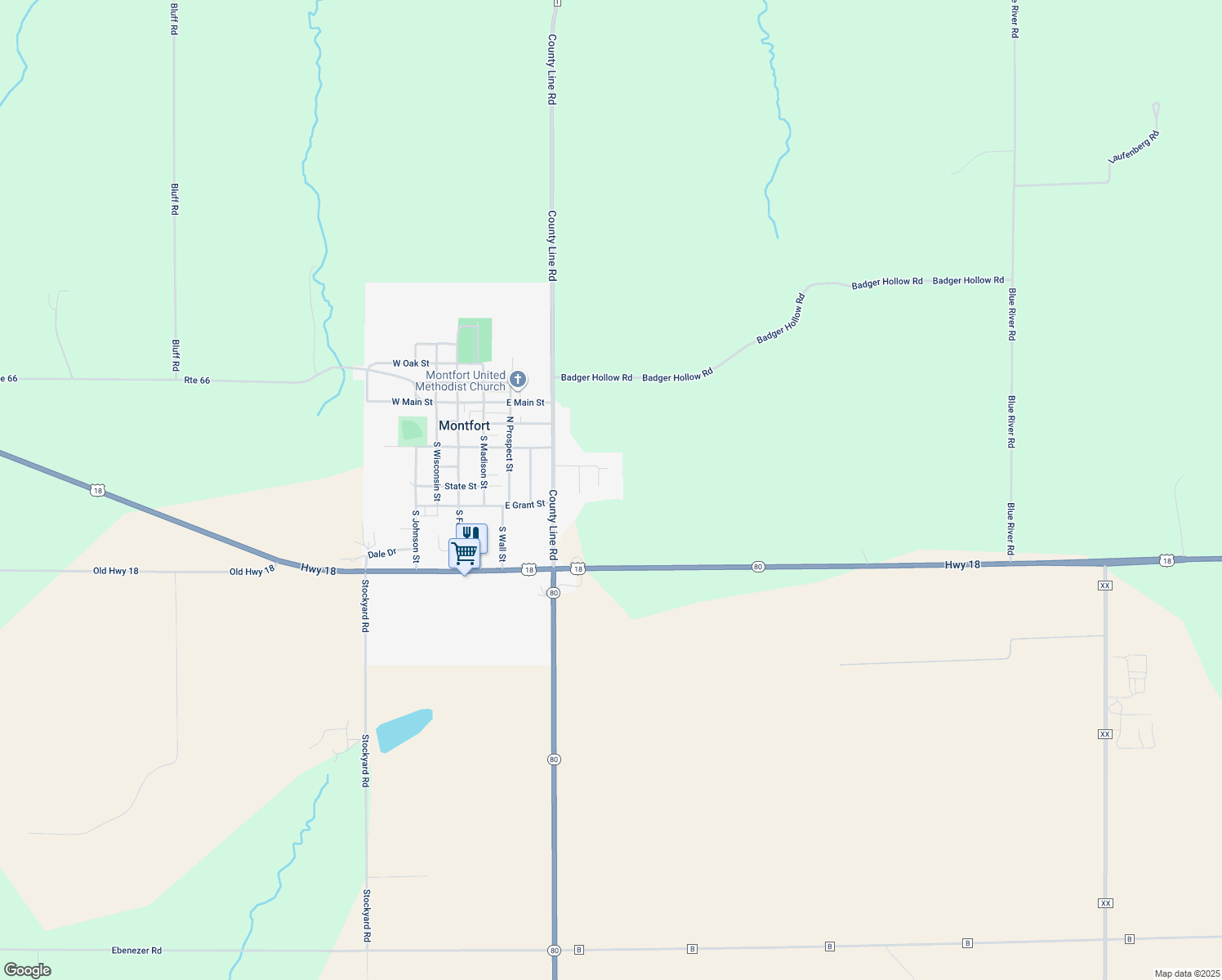 map of restaurants, bars, coffee shops, grocery stores, and more near 407 View Road in Montfort
