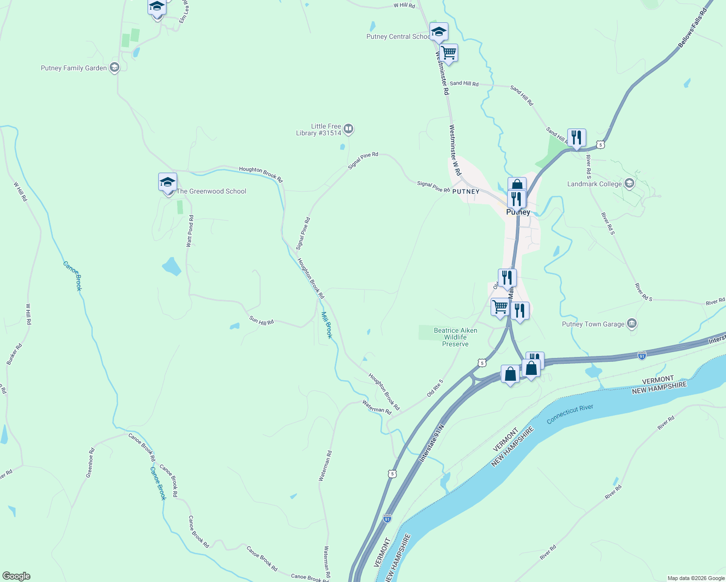 map of restaurants, bars, coffee shops, grocery stores, and more near 135 Fred Houghton Road in Putney