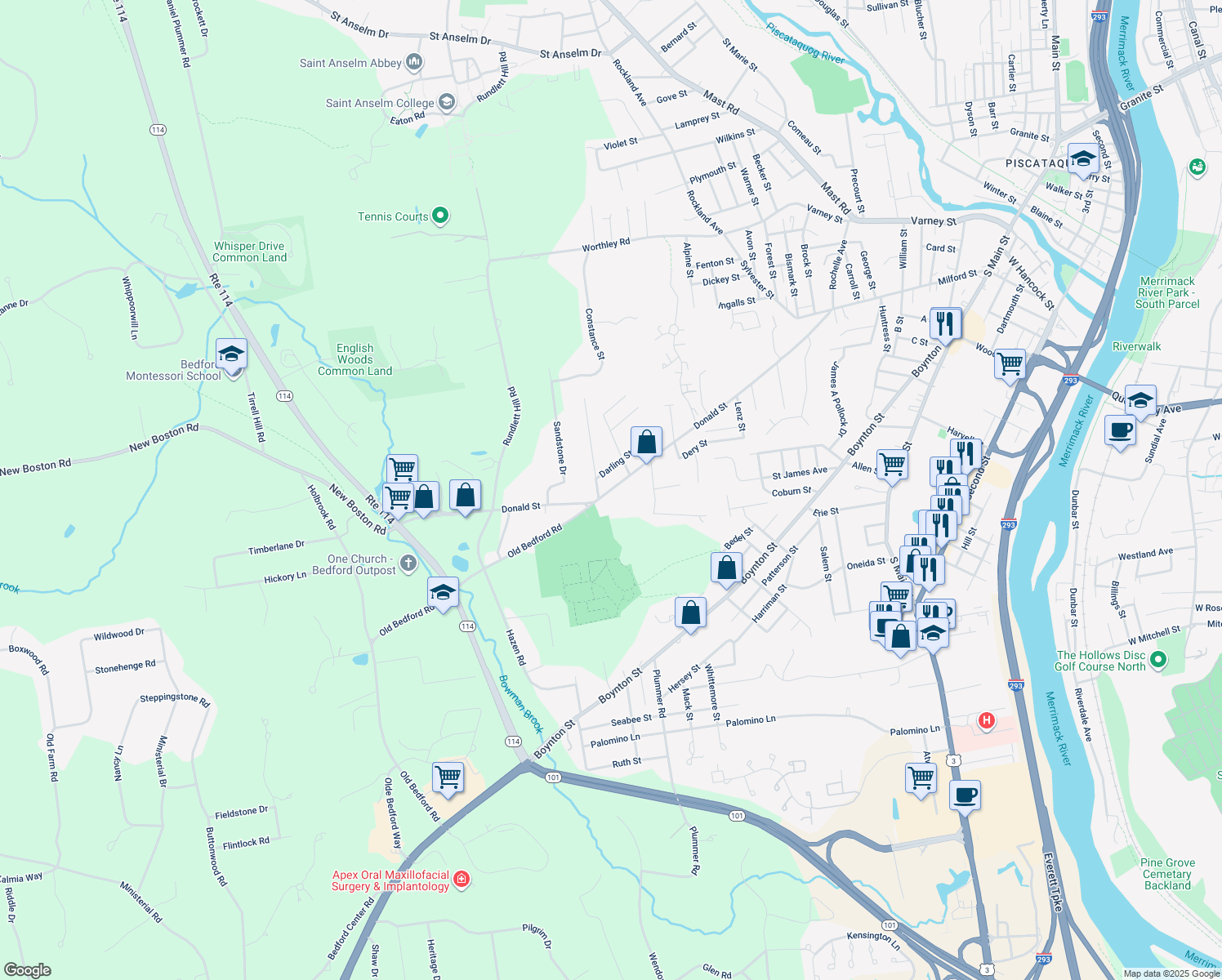 map of restaurants, bars, coffee shops, grocery stores, and more near 433 Donald Street in Bedford