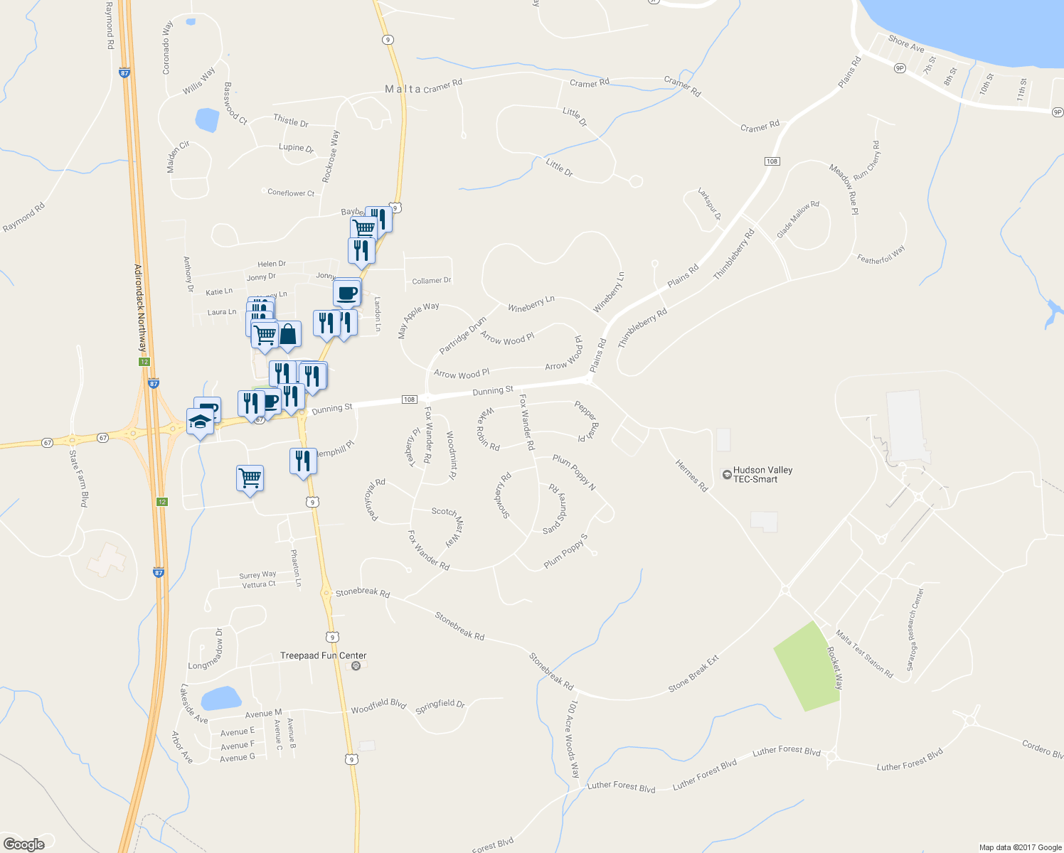 map of restaurants, bars, coffee shops, grocery stores, and more near 1 Pepper Bush Place in Ballston Spa