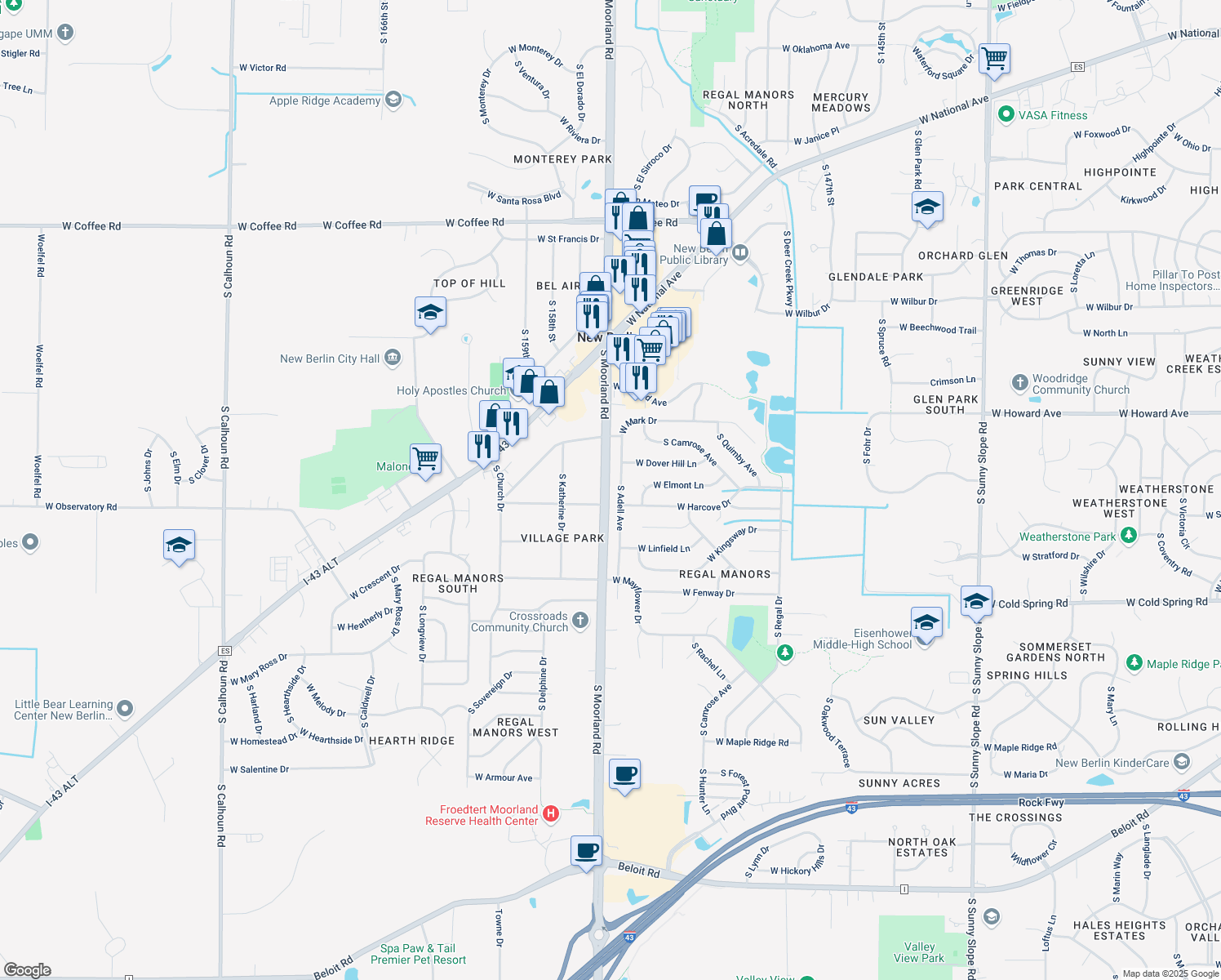 map of restaurants, bars, coffee shops, grocery stores, and more near 4040 South Moorland Road in New Berlin