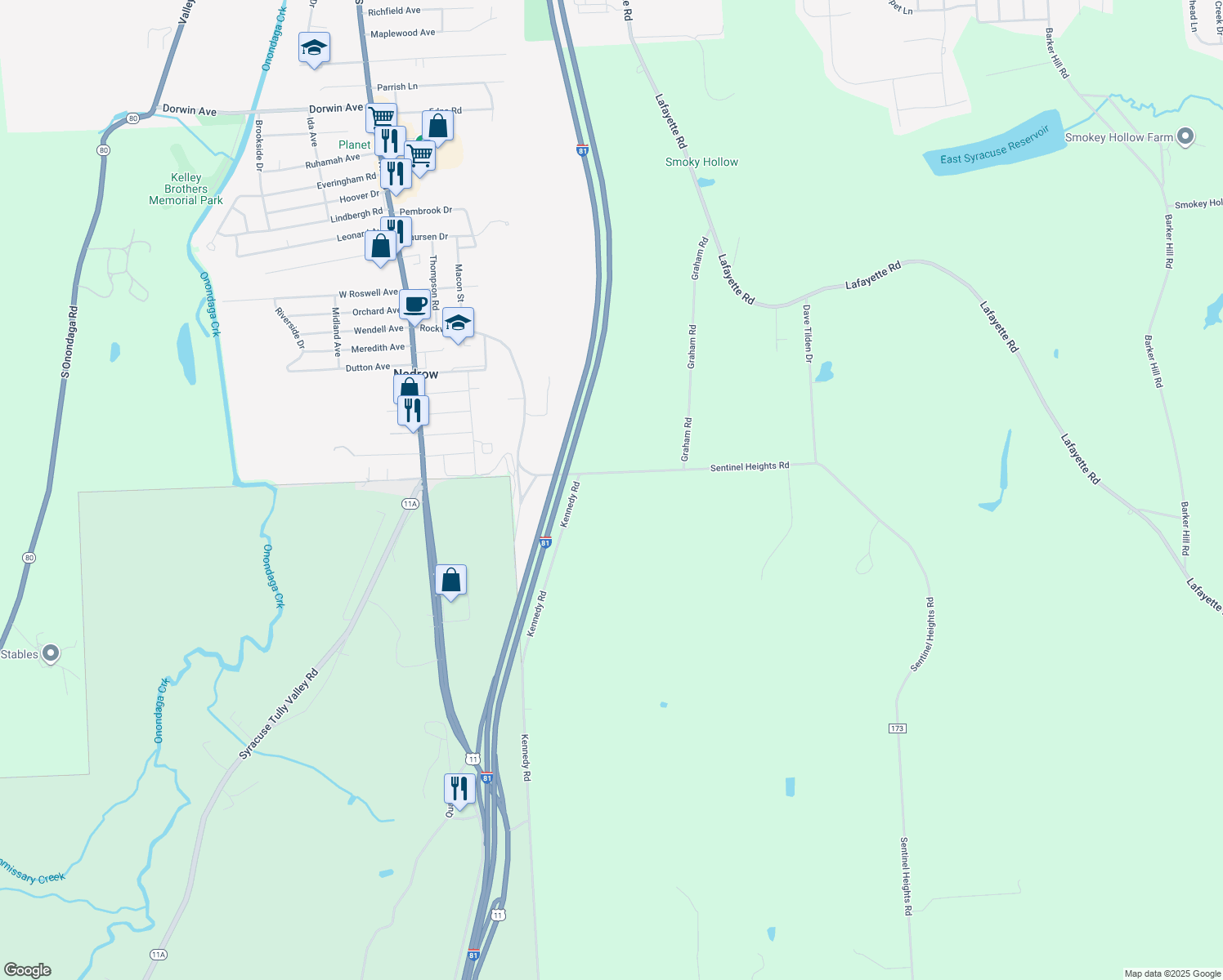 map of restaurants, bars, coffee shops, grocery stores, and more near 5624 Sentinel Heights Rd in Jamesville