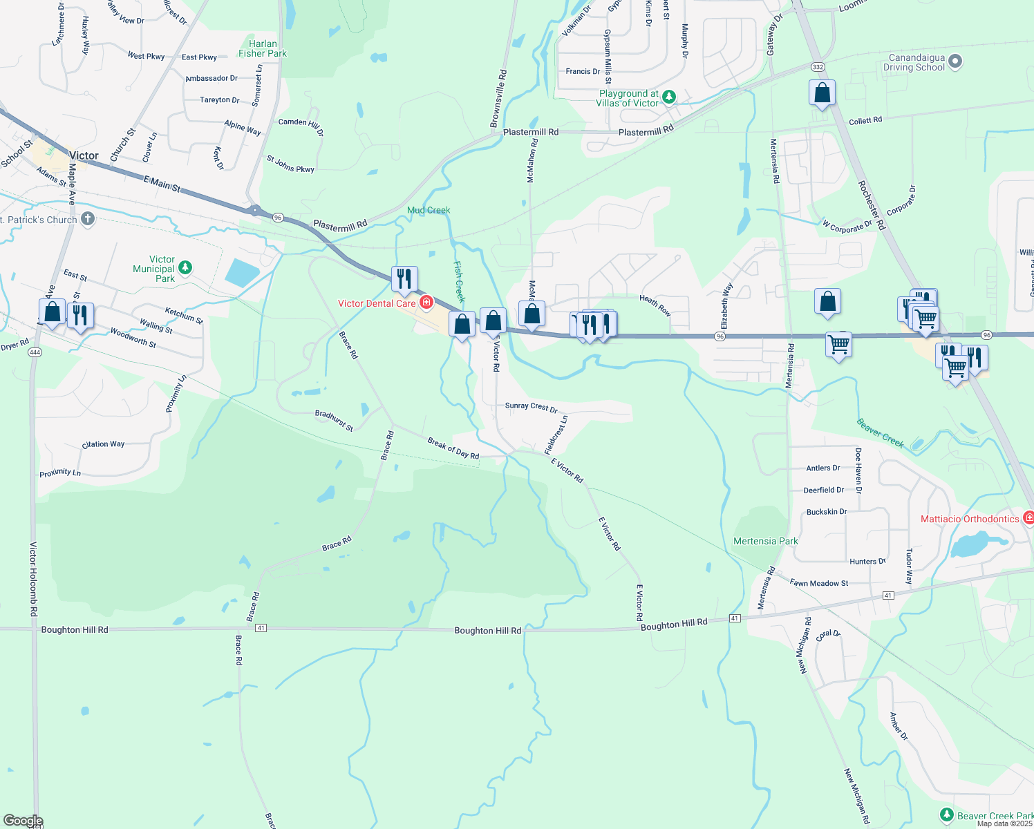 map of restaurants, bars, coffee shops, grocery stores, and more near 6465 Sunray Crest Dr in Victor