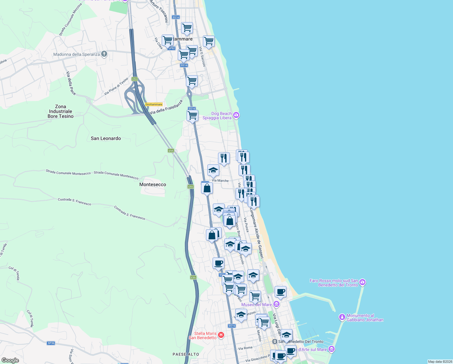 map of restaurants, bars, coffee shops, grocery stores, and more near 38 Via Marche in Grottammare