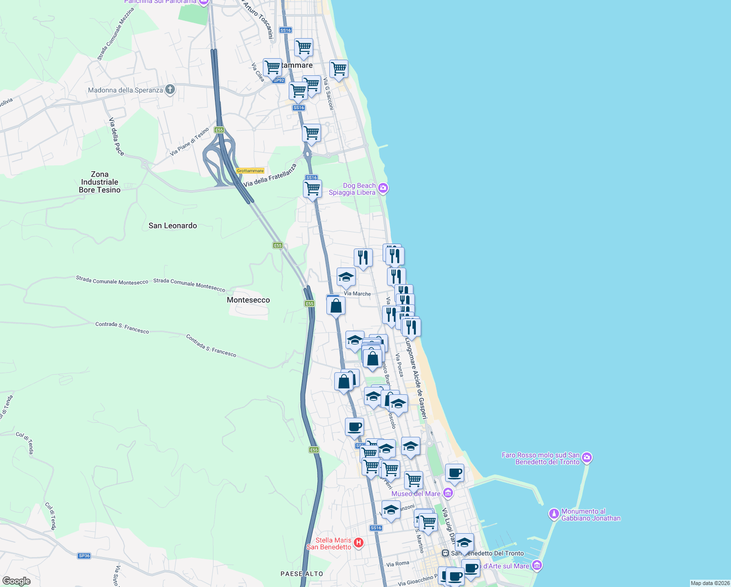 map of restaurants, bars, coffee shops, grocery stores, and more near 38 Via Marche in Grottammare