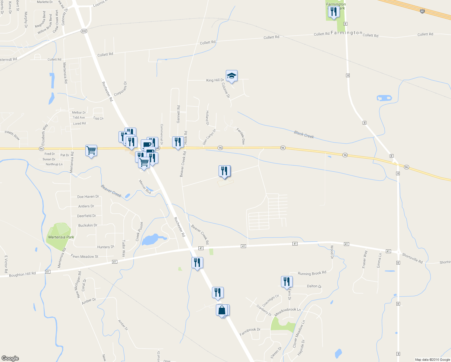 map of restaurants, bars, coffee shops, grocery stores, and more near 5857 New York 96 in Farmington