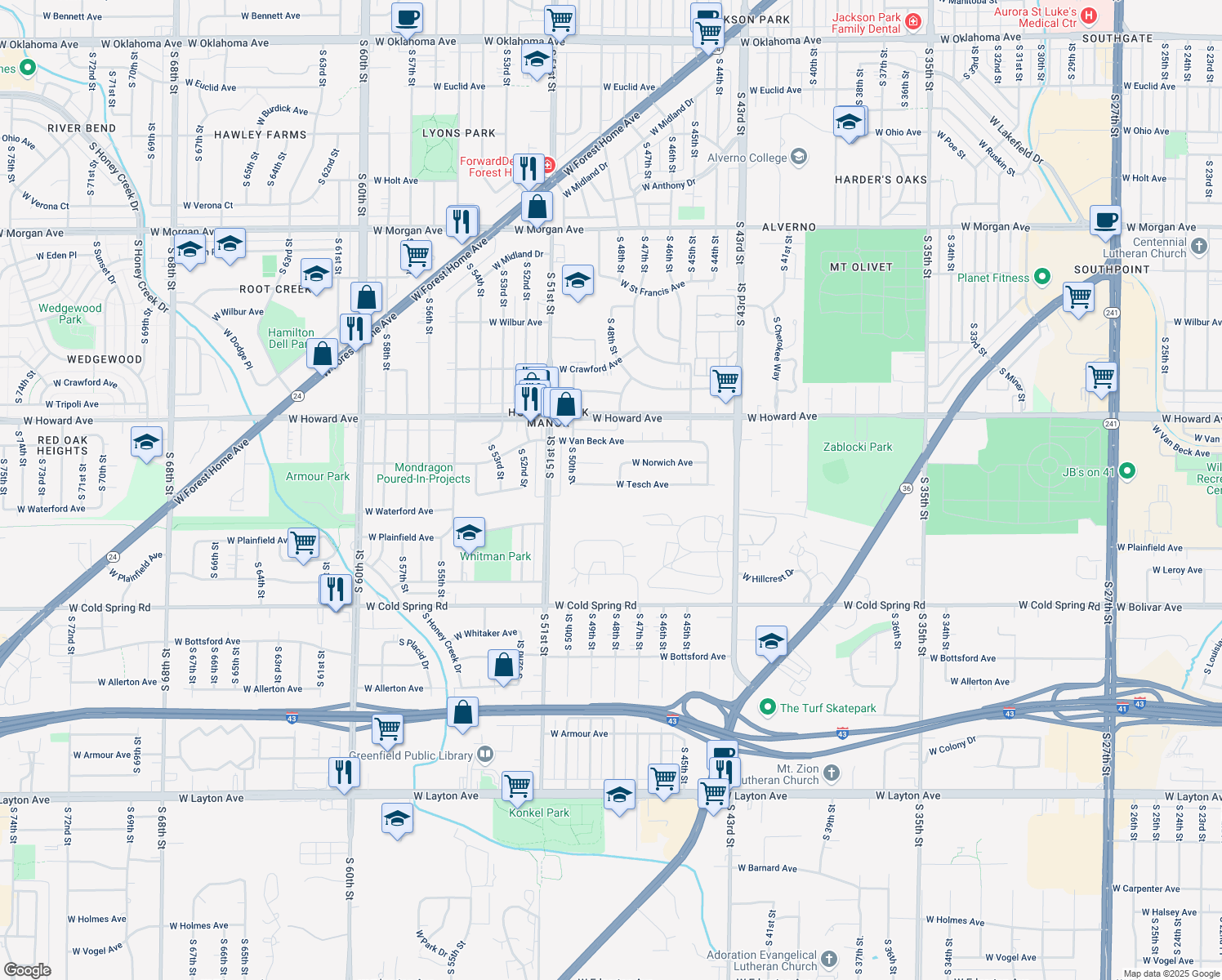 map of restaurants, bars, coffee shops, grocery stores, and more near 4817 West Tesch Avenue in Milwaukee