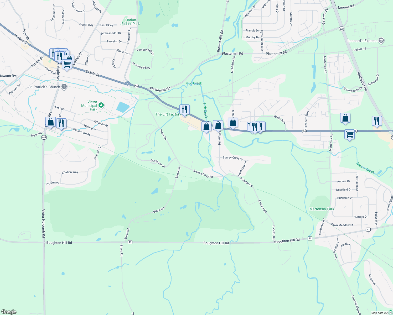 map of restaurants, bars, coffee shops, grocery stores, and more near 1337 Wagon Trail Drive in Victor