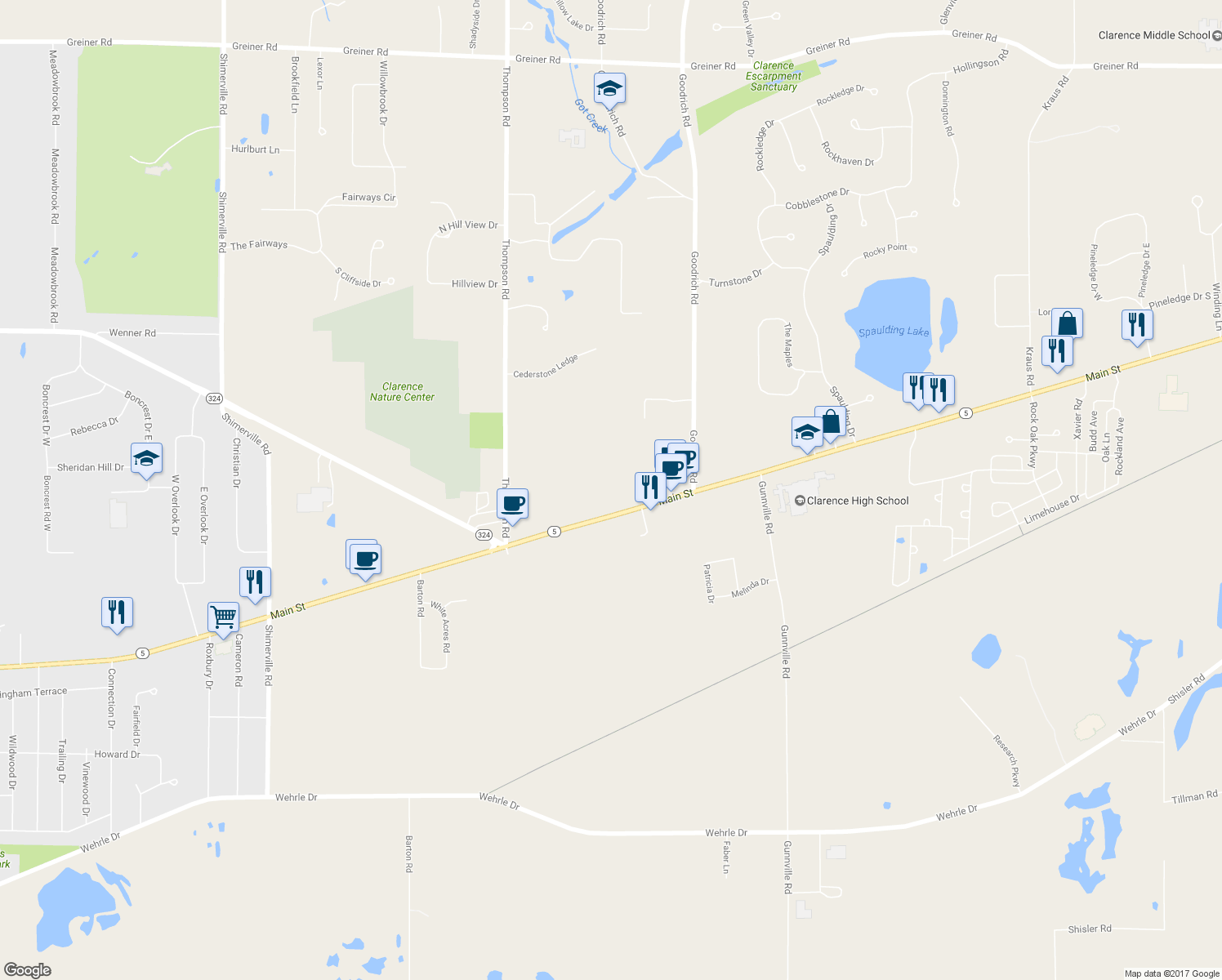 map of restaurants, bars, coffee shops, grocery stores, and more near 9370 Main Street in Clarence