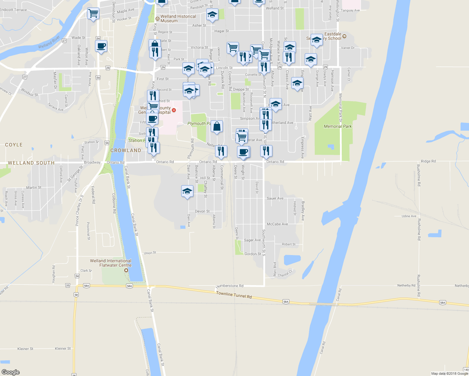 map of restaurants, bars, coffee shops, grocery stores, and more near 256 Deere Street in Welland