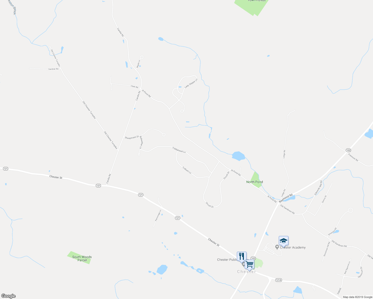 map of restaurants, bars, coffee shops, grocery stores, and more near 64 Fiddlehead Lane in Chester