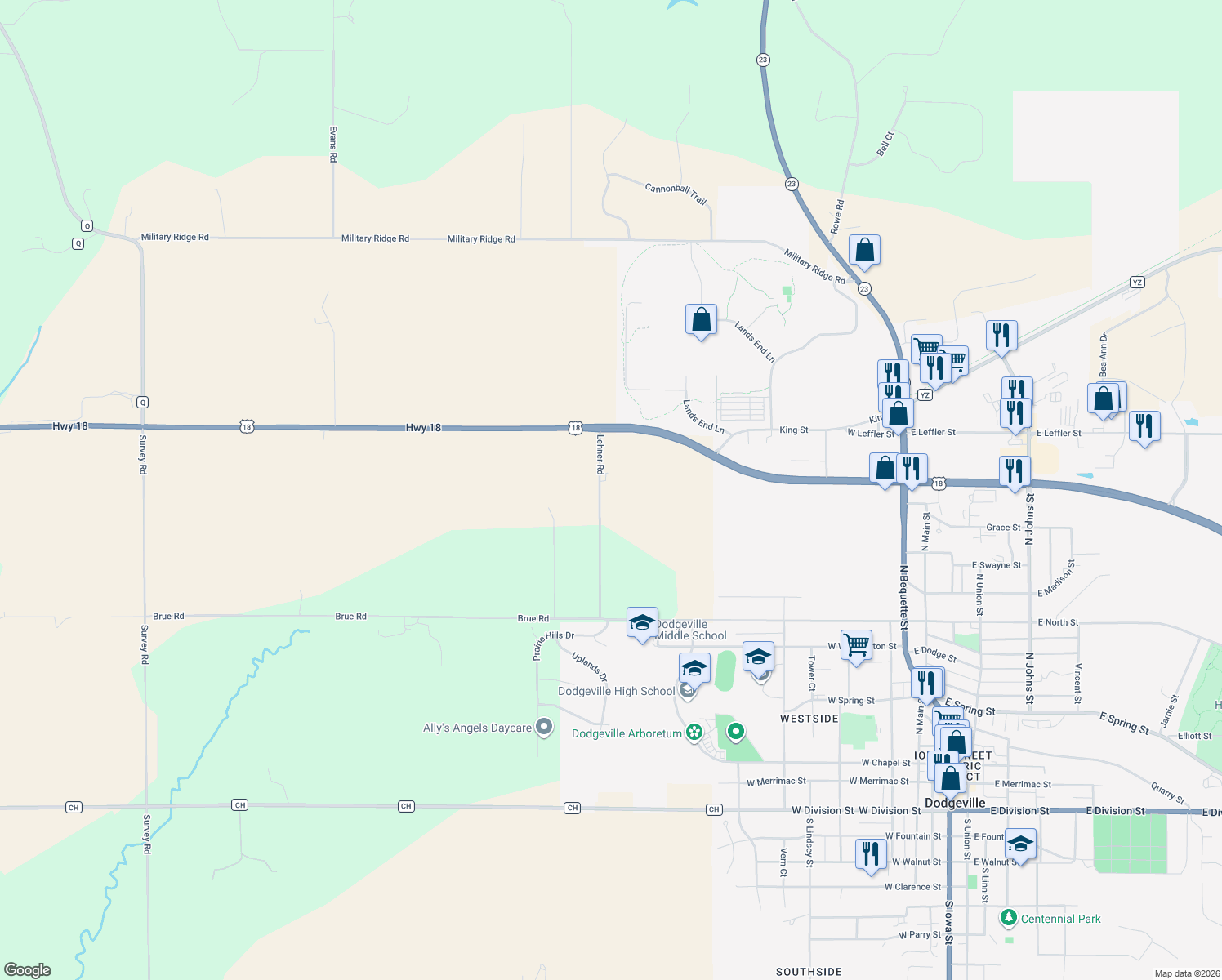 map of restaurants, bars, coffee shops, grocery stores, and more near 3253 Lehner Road in Dodgeville