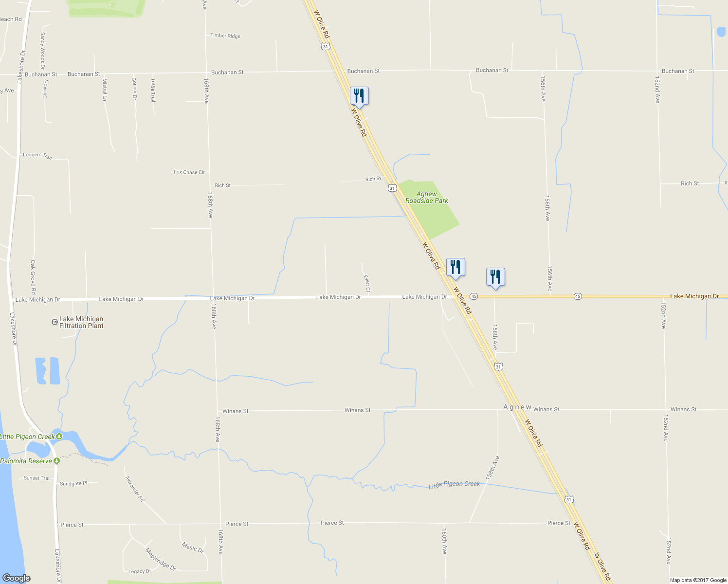 map of restaurants, bars, coffee shops, grocery stores, and more near 16245 Lake Michigan Drive in West Olive