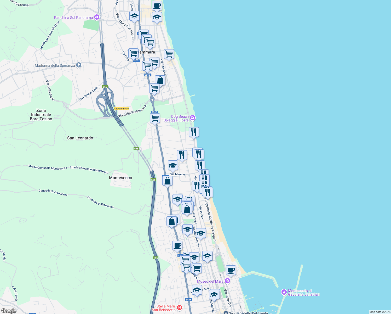 map of restaurants, bars, coffee shops, grocery stores, and more near 120 Lungomare Alcide de Gasperi in Grottammare