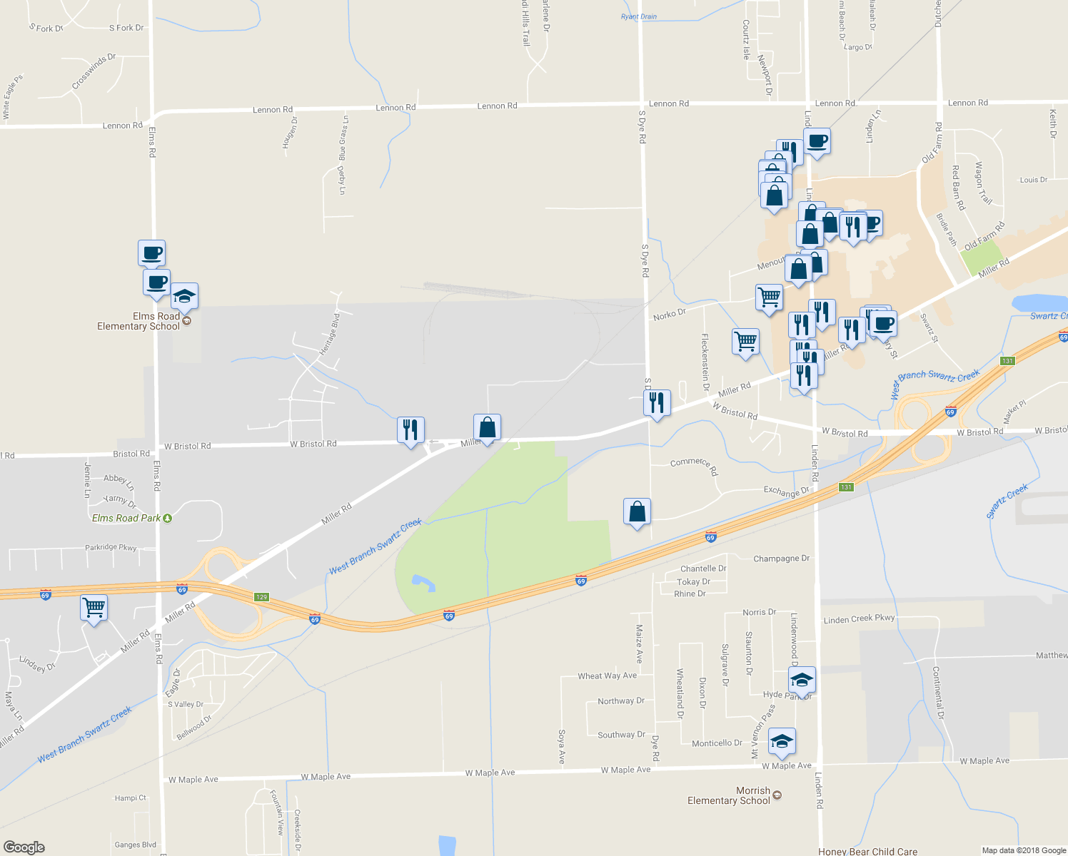 map of restaurants, bars, coffee shops, grocery stores, and more near 5472 Miller Road in Swartz Creek