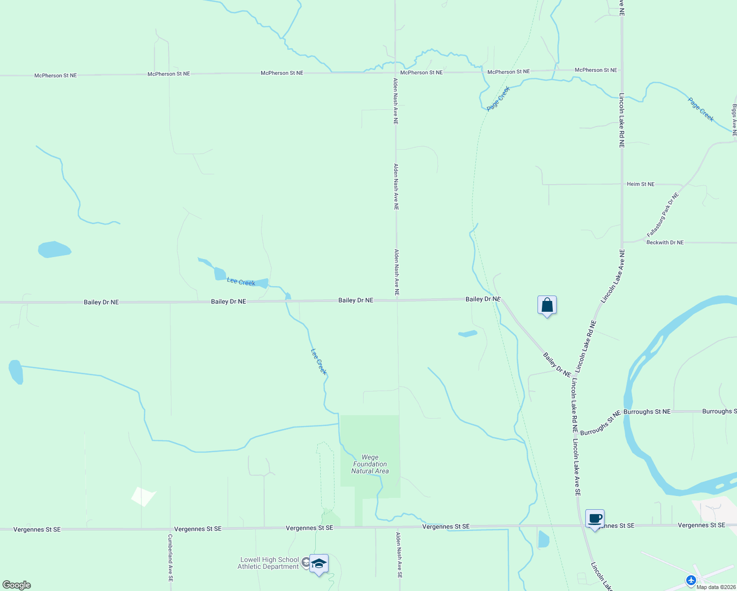 map of restaurants, bars, coffee shops, grocery stores, and more near 11899 Bailey Drive Northeast in Lowell
