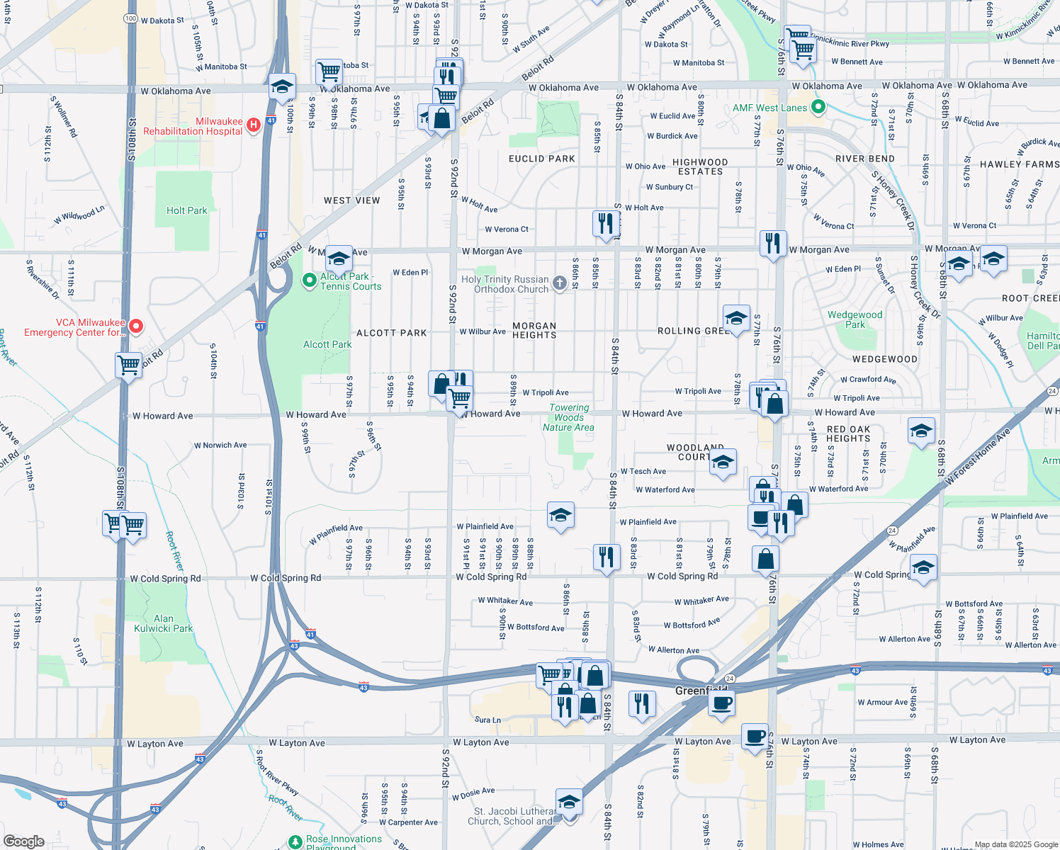 map of restaurants, bars, coffee shops, grocery stores, and more near 8801 West Howard Avenue in Greenfield