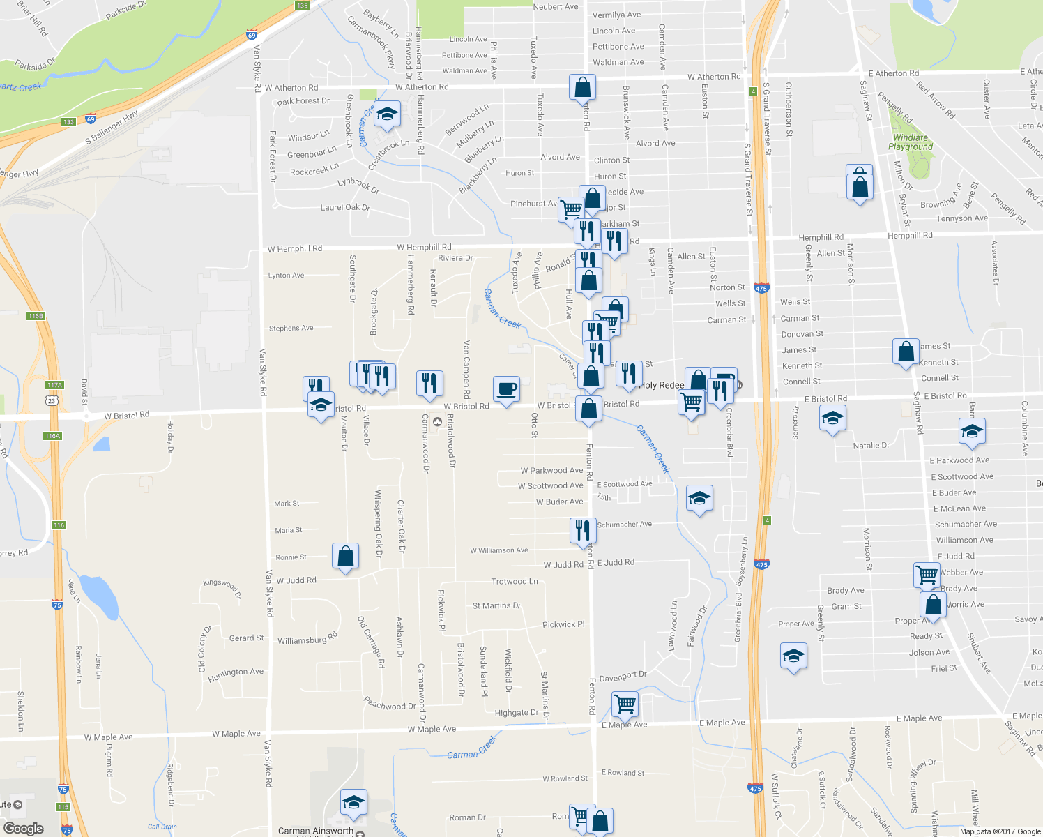 map of restaurants, bars, coffee shops, grocery stores, and more near 1112 West Whittemore Avenue in Flint