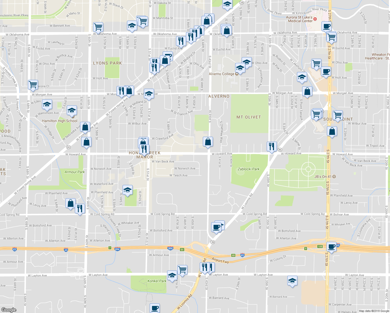 map of restaurants, bars, coffee shops, grocery stores, and more near 4445 West Howard Avenue in Greenfield