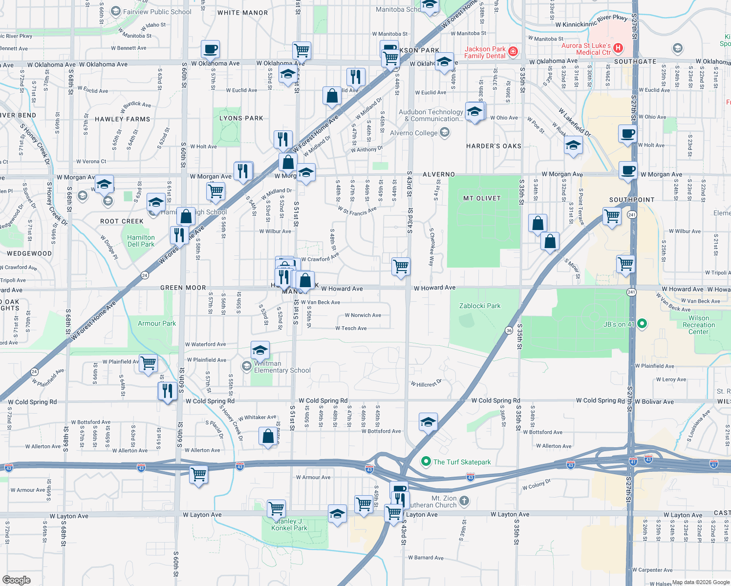 map of restaurants, bars, coffee shops, grocery stores, and more near 4541 West Howard Avenue in Greenfield