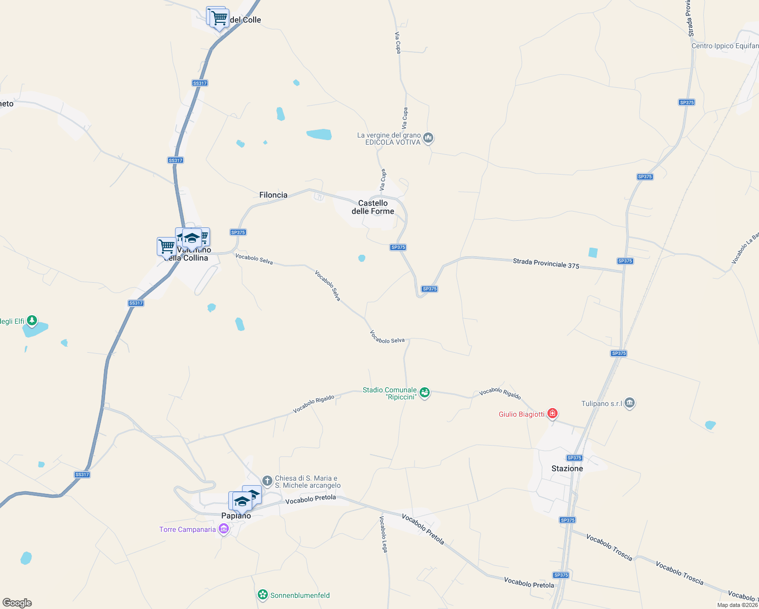map of restaurants, bars, coffee shops, grocery stores, and more near 11 Vocabolo Selva in Provincia di Perugia
