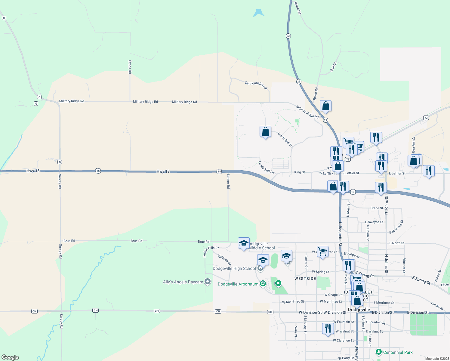 map of restaurants, bars, coffee shops, grocery stores, and more near 3288 Lehner Road in Dodgeville